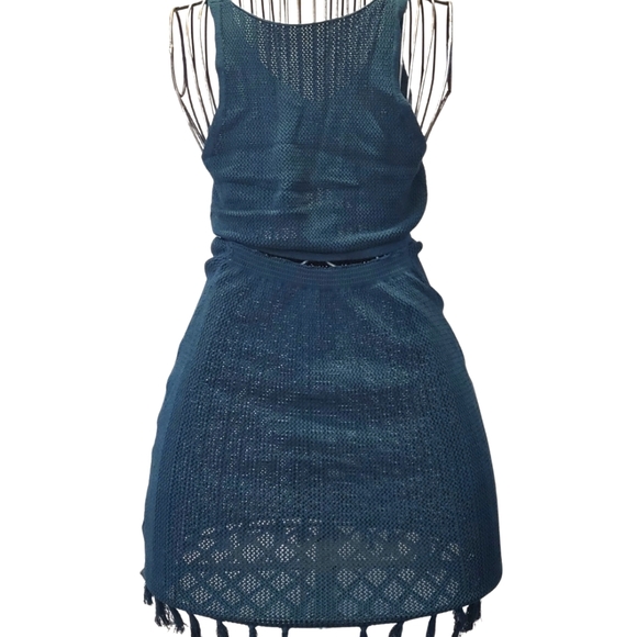 SHEIN hollow cut-out fringe swimsuit cover-up teal size small - Picture 3 of 3